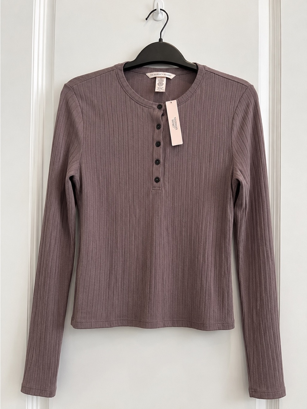 NWT Victoria’s Secret Ribbed Henley Long Sleeve Top Mauve XL Soft Stretch